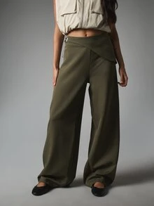 MISSGUIDED High Rise Wide Leg Dress Pants With Asymmetric Wrap Waistband And Silver Buckle Detail Full Length Tailored Trousers - Mist Green - View 5