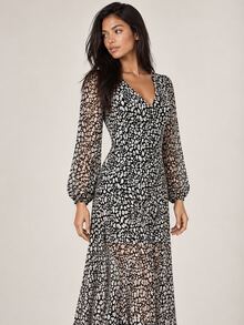 ELLERISSA Multicolor Leopard Print V-Neck Blouson Sleeve Sheer Godet Midi Dress - Multicolor - View 3