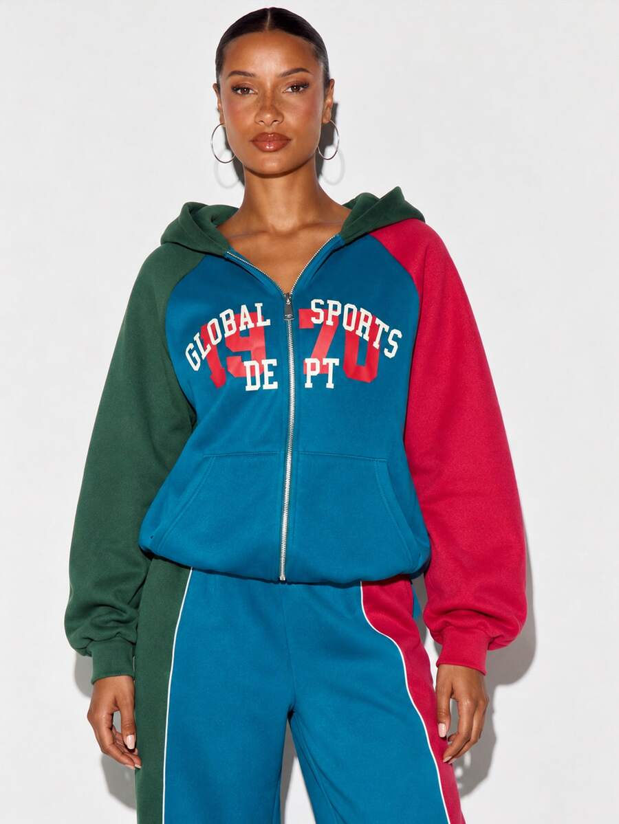 SUMWON WOMEN Boxy Fit Color Block Full-Zip Oversized Hoodie With Global Sports 1970 Chest Graphic Print And Raglan Long Sleeves - Multicolor - View 1