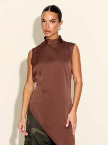 FASHION SZN Women's Asymmetrical Hem Top For Vacation And Travel - Brown - View 3