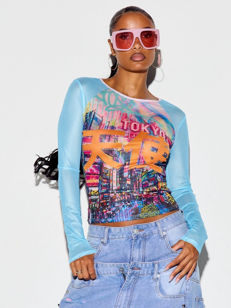 SUMWON WOMEN Tokyo Cityscape Graphic Print Mesh Long Sleeve Crop Top With Chinese Script And Rhinestone Detail Scoop Neck Slim Fit Streetwear - Multicolor - View 1