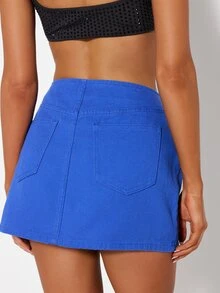 MISSGUIDED High Rise Mini Denim Skirt With Patch Pockets And A-Line Silhouette In Vibrant Solid Color For Casual Everyday Wear - Royal Blue - View 4