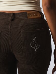 BABYPHAT Cat Logo Embroidered Corduroy Bootcut Flare Pants With Side Pockets Mid Rise Full Length - Chocolate Brown - View 5