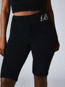 BABYPHAT Celana Pendek Sepeda Rajut Lembut dengan Logo di Pinggang, Pinggang Tinggi, Ketat, Panjang di Bawah Lutut - Hitam - View 3