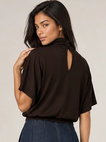 ELLERISSA Coffee Brown High Neck Short Sleeve Shoulder Pad Bubble Hem Top - Coffee Brown - View 2