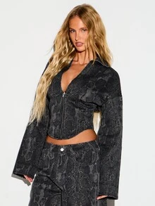 KIZN Snake Print Cropped Denim Jacket With Collared Neckline, Front Zip Closure, And Flared Bell Sleeves In Charcoal - Black - View 5
