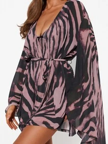 MISSGUIDED Zebra Print Chiffon Mini Wrap Dress With Deep Plunge Neckline Extra Long Bell Sleeves And Self-Tie Waist Belt For Christmas - Multicolor - View 5