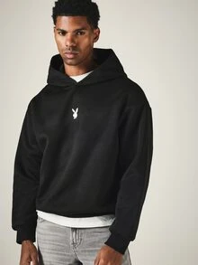 PLAYBOY X SUMWON Oversized Pullover Hoodie With Rhinestone Script Back Graphic And Bunny Logo Chest Print - Black - View 5