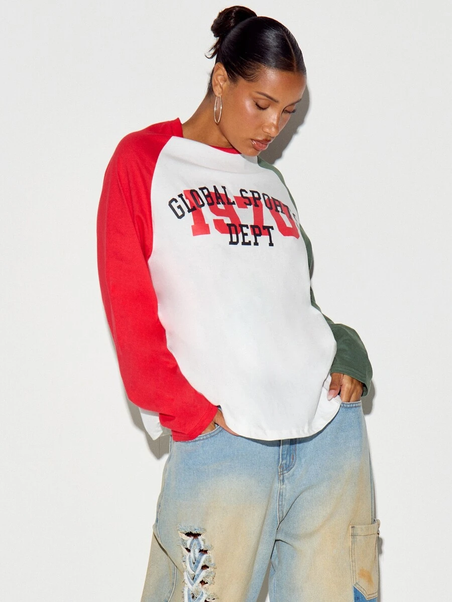SUMWON WOMEN Colorblock Raglan Long Sleeve Top With Varsity Chest Graphic Global Sports 1970 Print Crew Neck Oversized Fit - Multicolor - View 1