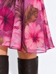 Zerodot Women Pink Tropical Floral Print Flared A-Line Midi Skirt Casual Daily Vacation Fall Pre Fall - Pink - View 7