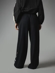 MISSGUIDED Sport Ath Archive Wide Leg Sweatpants With Drawstring Waist And Vertical Leg Logo Print - Black - View 3