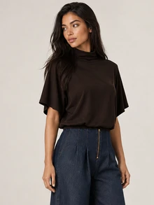ELLERISSA Coffee Brown High Neck Short Sleeve Shoulder Pad Bubble Hem Top - Coffee Brown - View 3
