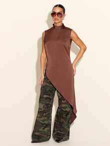 FASHION SZN Women's Asymmetrical Hem Top For Vacation And Travel - Brown - View 7