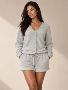 ELLERISSA Grey V-Neck Button Front Fluffy Knit Cardigan & Shorts Co-Ord Set - Grey - View 6