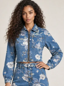 ELLERISSA FLORAL DENIM ZIP THROUGH CROPPED SHIRT - Medium Wash - View 1