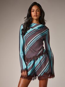 AiiRZ Diagonal Stripe Satin Blouse With Bell Sleeves Boat Neck And Dark Brown Lace Trim Hem And Cuffs - Multicolor - View 4