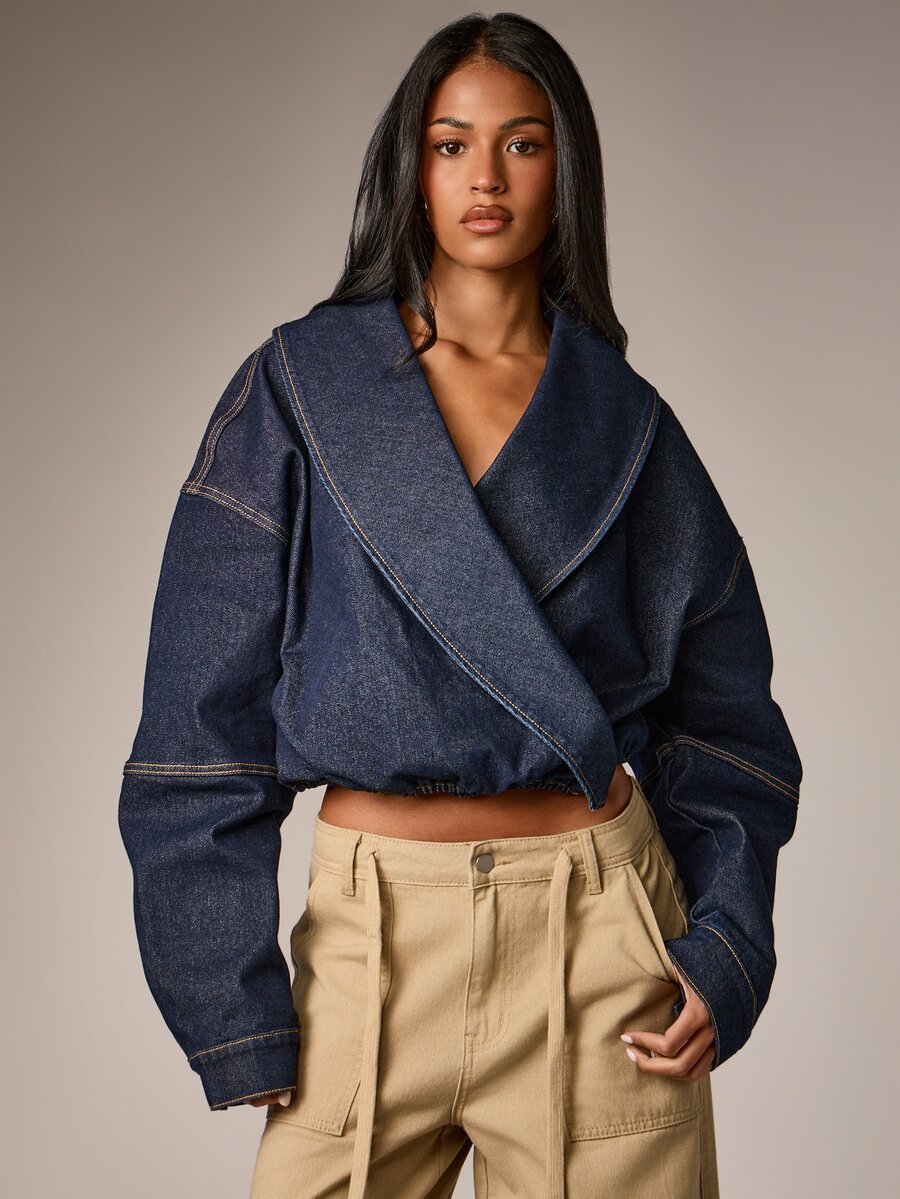 AiiRZ Oversized Cropped Denim Kimono Wrap Jacket With Wide Lapel Collar Contrast Stitching And Elasticated Hem - Dark Wash - View 1