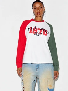 SUMWON WOMEN Colorblock Raglan Long Sleeve Top With Varsity Chest Graphic Global Sports 1970 Print Crew Neck Oversized Fit - Multicolor - View 3