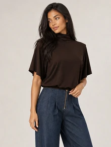ELLERISSA Coffee Brown High Neck Short Sleeve Shoulder Pad Bubble Hem Top - Coffee Brown - View 5