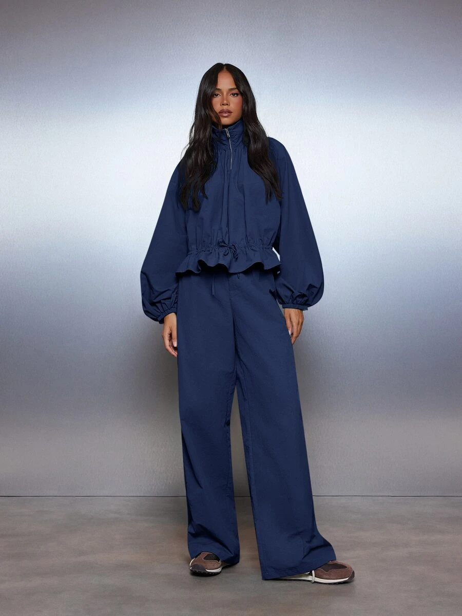 MISSGUIDED Oversized Half Zip Pullover Jacket With Ruched Drawstring Waist Peplum Hem And Balloon Sleeves With Pant Set - Blue - View 1