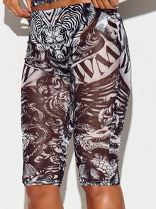 SUMWON WOMEN High Rise Cycling Shorts With All-Over Tiger And Snake Tattoo Graphic Print Skin Tight Stretch Biker Style Knee Length - Black and White - View 4