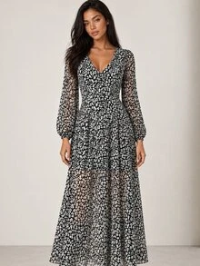 ELLERISSA Multicolor Leopard Print V-Neck Blouson Sleeve Sheer Godet Midi Dress - Multicolor - View 5