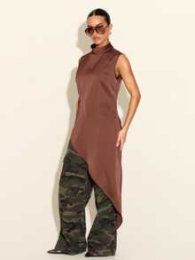 FASHION SZN Women's Asymmetrical Hem Top For Vacation And Travel - Brown - View 8