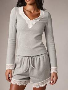 AiiRZ Ribbed Knit Long Sleeve V-Neck Lounge Top And Shorts Co-Ord Set With Lace Trim Cuffs And Hem For Christmas - Baby Blue - View 5