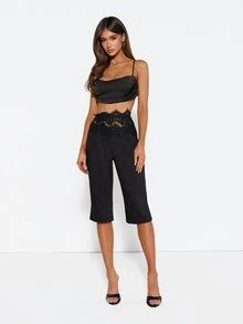 MISSGUIDED High Rise Lace Trim Cropped Culotte Pants With Wide Floral Lace Waistband Detail Straight Leg Casual Evening Style - Black - View 3