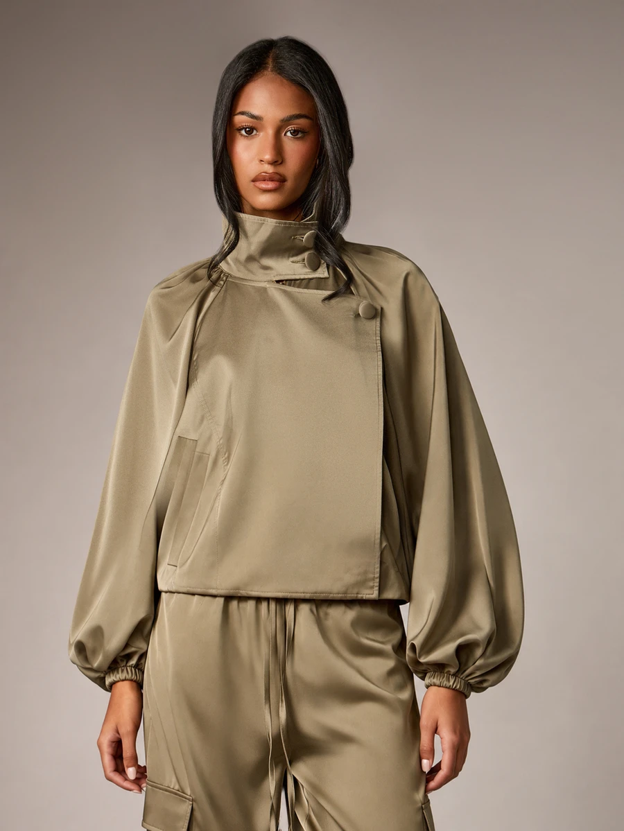 AiiRZ Satin Cropped Jacket With Stand Collar Asymmetric Button Closure Bishop Sleeves Elasticated Cuffs And Gathered Back Detail - Green - View 1
