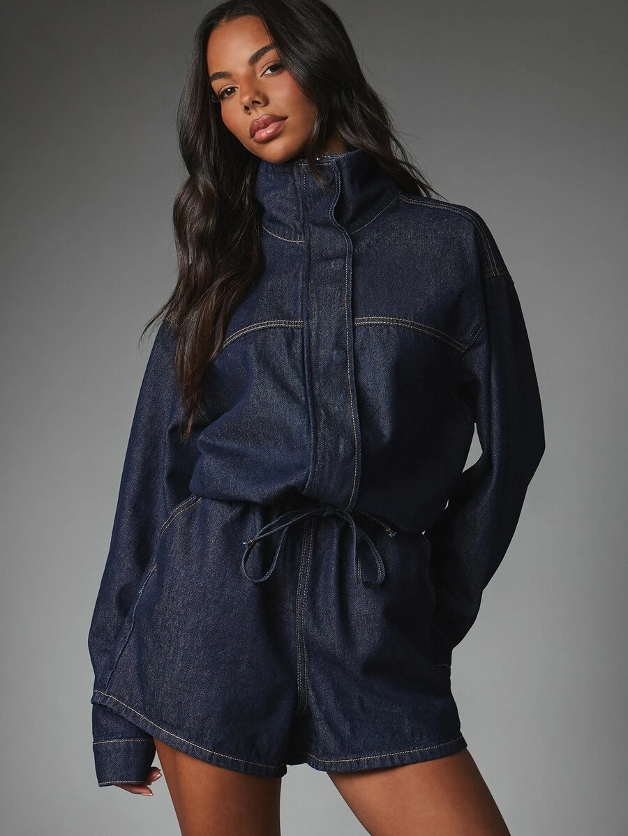 MISSGUIDED Oversized Denim Romper With High Neck Zip Front Drawstring Waist And Short Leg One Piece Casual Streetwear Jumpsuit - Navy Blue - View 1