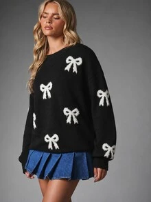 MISSGUIDED Oversized Bow Print Knit Sweater Crew Neck Long Sleeve All Over Bow Motif Cozy Drop Shoulder Pullover - Black - View 5