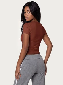 MISSGUIDED TEEN Rhinestone Script Graphic Cropped Slim Fit Tee Round Neck Short Sleeve Slim Fit Casual Everyday Top - Burgundy - View 3