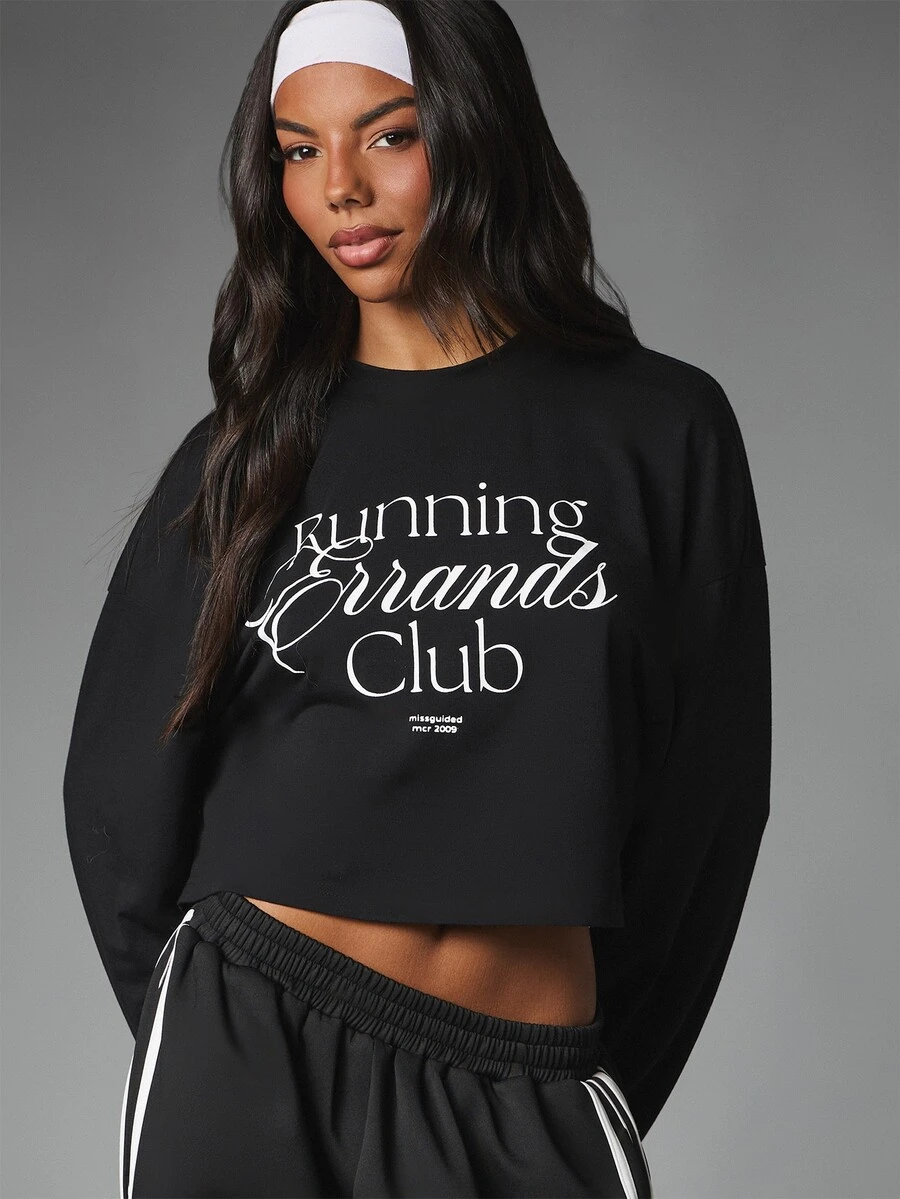 MISSGUIDED Oversized Crop Long Sleeve Top With Crew Neck And Running Errands Club Slogan Print For Casual Everyday Streetwear - Black - View 1