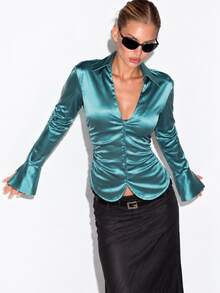 Zerodot Women Teal Blue Satin V-Neck Ruched Waist Long Sleeves Button Front Fitted Shirt Office Work Elevated Basics Fall Pre Fall - Blue - View 6
