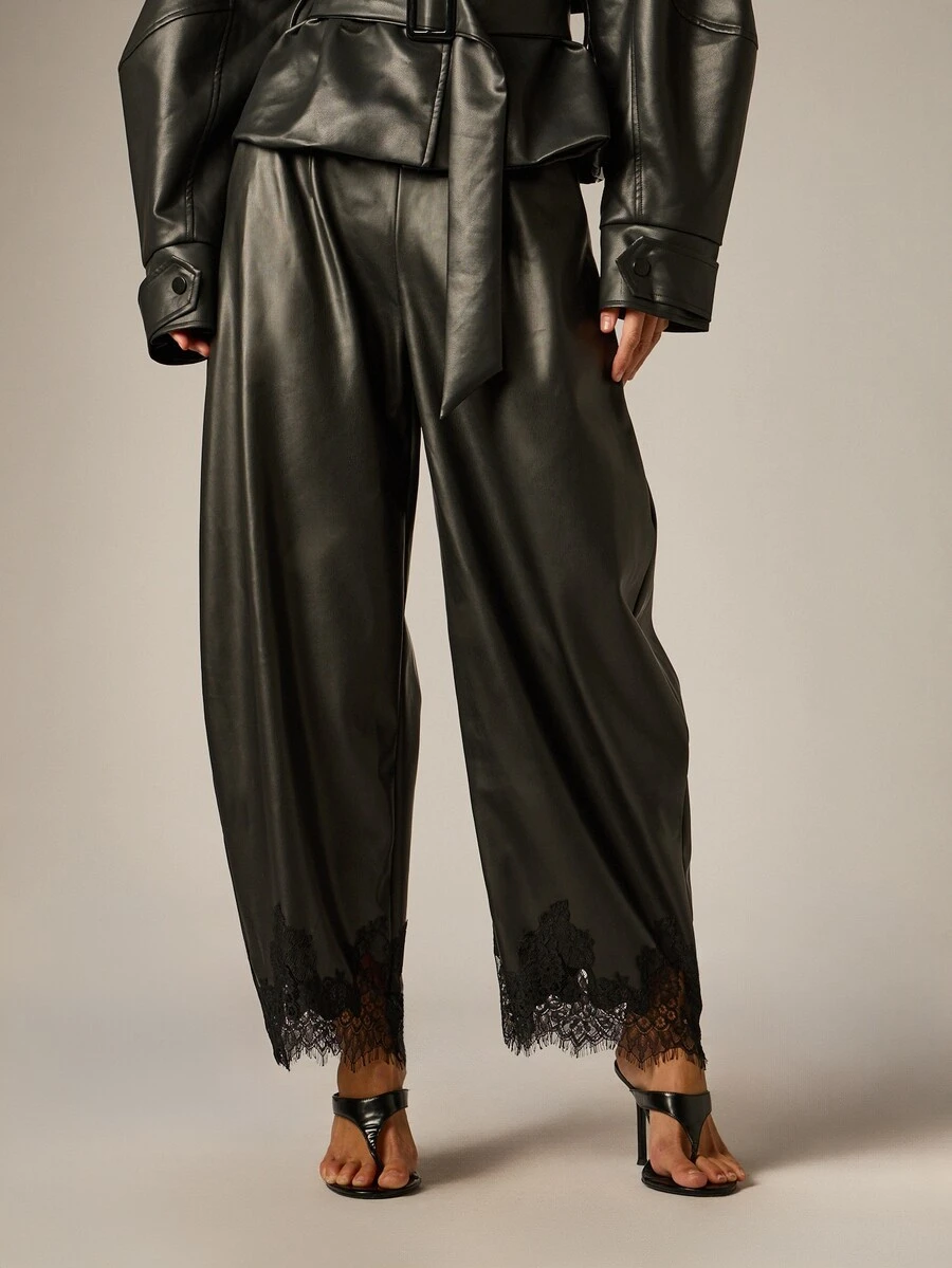 AiiRZ Faux Leather Wide Leg Trousers With Lace Hem Trim High Rise Full Length Pleated Luxury Evening Pants - Black - View 1