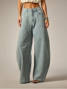 AiiRZ High Rise Wide Leg Jeans With Allover Rhinestone Embellishment In Light Wash Denim Full Length Loose Fit - Light Wash - View 1