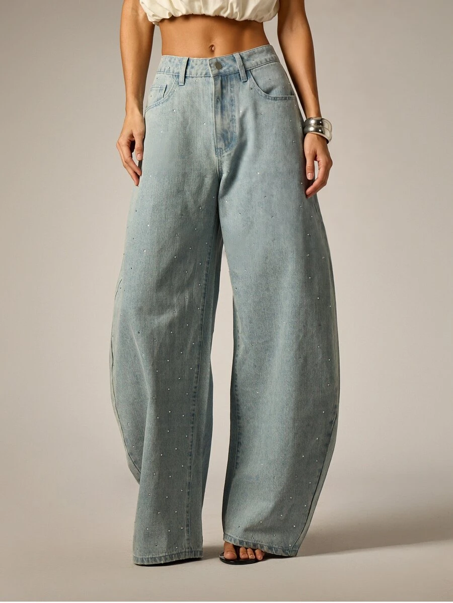 AiiRZ High Rise Wide Leg Jeans With Allover Rhinestone Embellishment In Light Wash Denim Full Length Loose Fit - Light Wash - View 1
