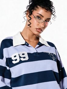 BABYPHAT Oversized Cropped Rugby Polo Shirt With Wide Horizontal Stripes White Collar Number Graphic And Embroidered Script Detail - Lilac Purple - View 6