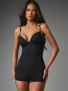 Missguided x Playboy Jumpsuit ngắn ôm sát một mảnh cổ sweetheart có dây đeo logo, ngực độn và cạp cao - màu đen - Xem 1
