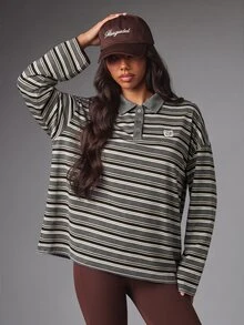 MISSGUIDED Sport Oversized Long Sleeve Polo Shirt With Striped Print Polo Collar Button Placket And Logo Badge Detail - Grey - View 1