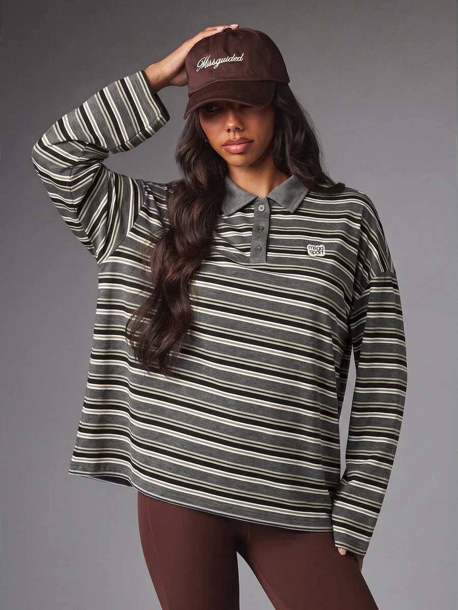 MISSGUIDED Sport Oversized Long Sleeve Polo Shirt With Striped Print Polo Collar Button Placket And Logo Badge Detail - Grey - View 1