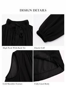 ELLERISSA Black High Neck Cold Shoulder Balloon Sleeve High-Low Chiffon Blouse - Black - View 7