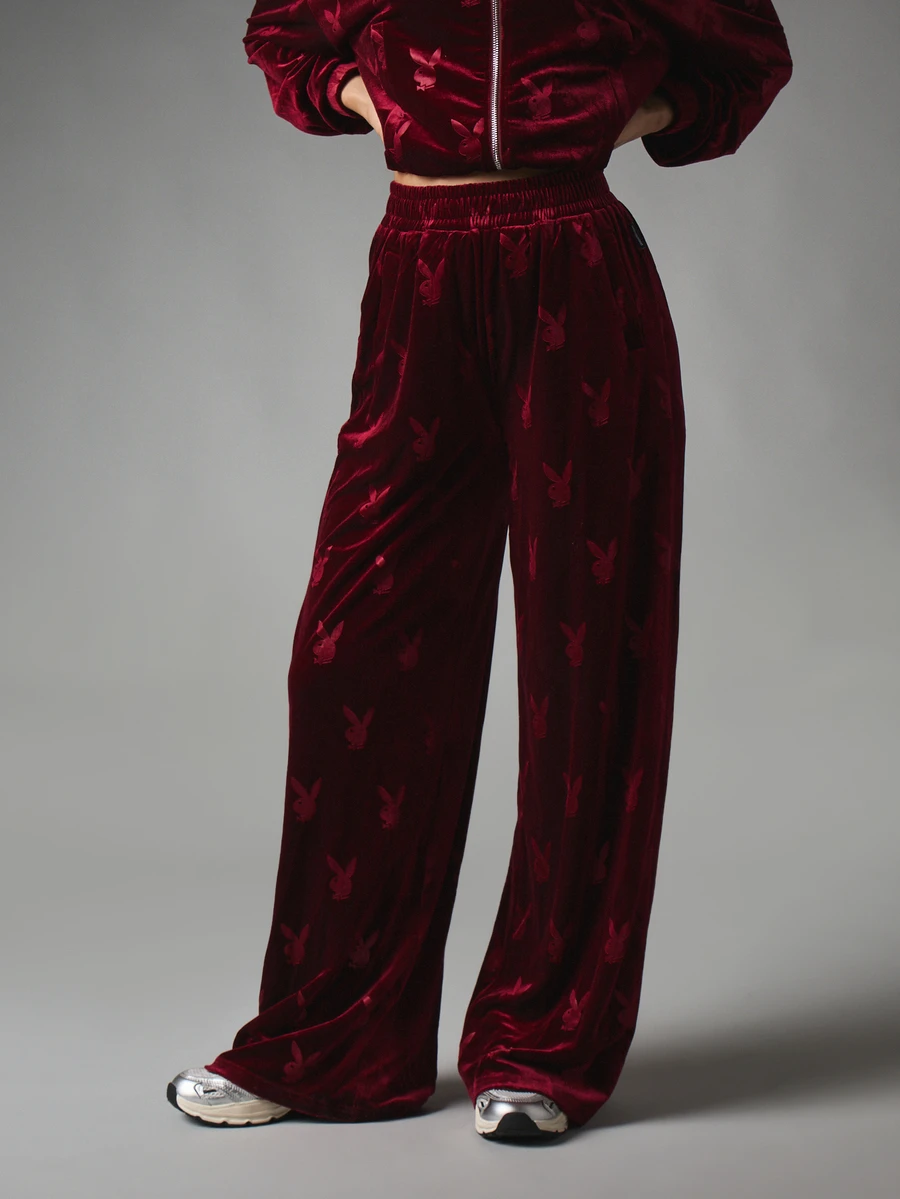 Missguided x Playboy Bunny All Over Print Velvet Wide Leg Pants High Rise Elastic Waist Full Length Casual Palazzo Trousers Halloween - Burgundy - View 1