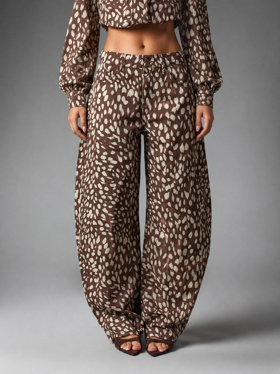 MISSGUIDED Wide Leg Full Length Casual Pants With All Over Deer Spot Animal Print Mid Rise Patch Pockets Relaxed Fit Flowy Silhouette - Multicolor - View 1