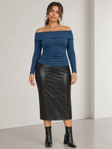 ELLERISSA Plus Size Blue Foldover Cold Shoulder Long Sleeve Ruched Fitted Top - Blue - View 4