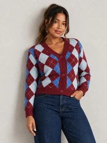 ELLERISSA Plus Size Multicolor Argyle V-Neck Button Front Long Sleeve Cropped Knit Cardigan - Multicolor - View 5