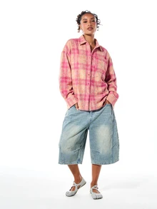 SUMWON WOMEN Oversized Plaid Flannel Button-Down Shirt With Rhinestone Embellishment, Long Sleeves, Chest Pocket, And Curved Hem - Pink - View 3