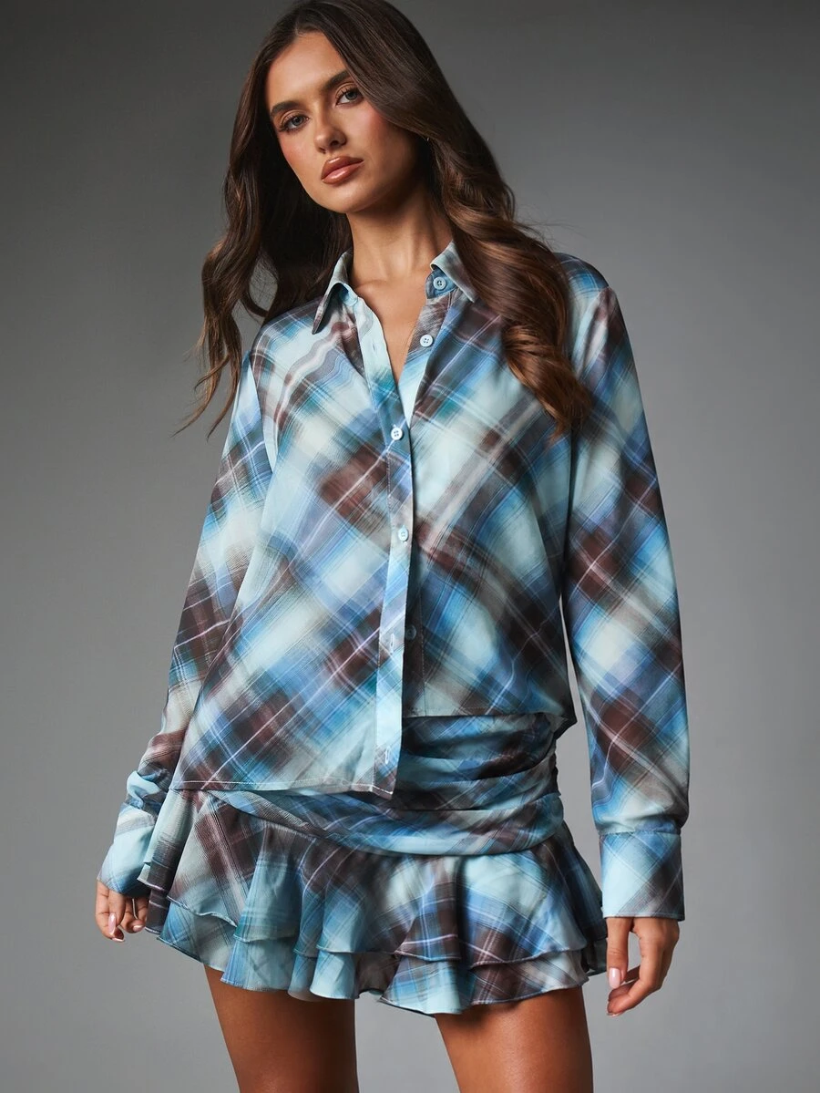 MISSGUIDED Plaid Co-Ord Set Oversized Button-Down Collared Shirt And Ruffle Hem Mini Skirt Matching Two Pieces Outfit - Multicolor - View 1