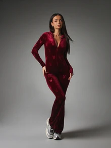 Missguided x Playboy Bunny Velvet Hooded Full Length Jumpsuit With Deep V Zip Neckline Flared Legs And All Over Embossed Logo Print - Burgundy - View 4